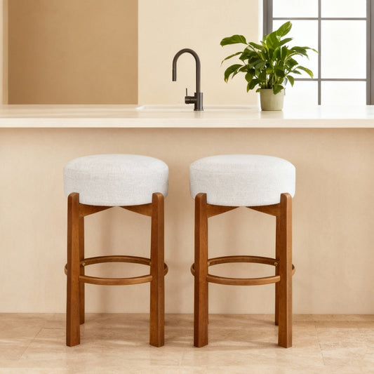 Vera Indoor Wooden Upholstered Barstool, Walnut Finish and Ivory Upholstery, Set of 2