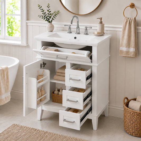 24 Inch Bathroom Vanity with Ceramic Sink, Solid Wood Frame & MDF Cabinet, 1 Door, Flip Drawer & 3 Drawers, Soft Close Hinges, Adjustable Shelf, Silver Handles