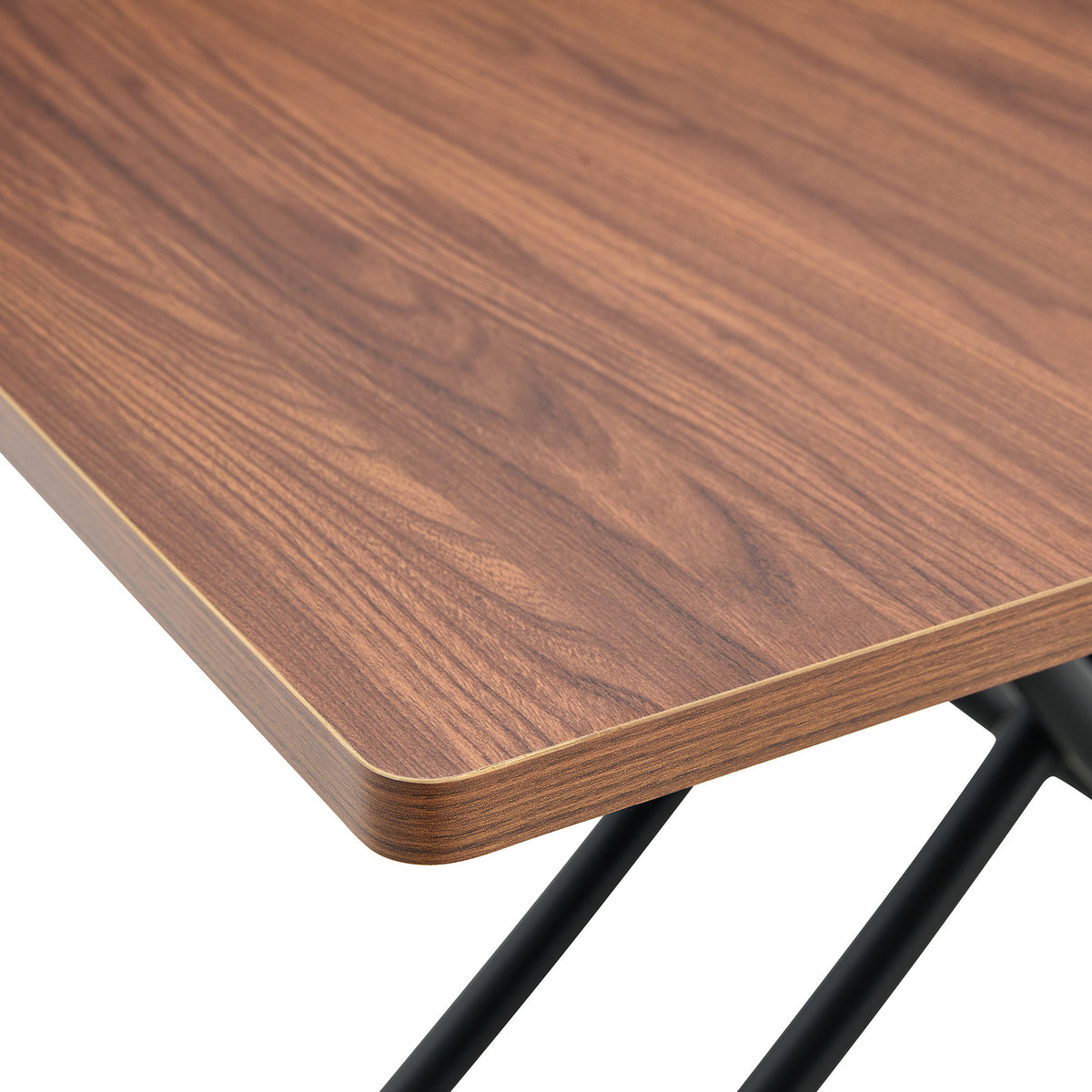 Modern minimalist multifunctional lift table with 0.8 inch thick MDF desktop and black metal legs, can be used as a dressing table, coffee table, dining table, and office table.Walnut textured desktop