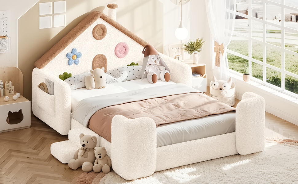 Full House Shaped Upholstered Floor bed, Upholstered Kids bed with Safety Side Rails, Solid Children Bed Frame, Low Floor Playhouse Bed for Nursery & Kids Bedroom.Beige & Natural