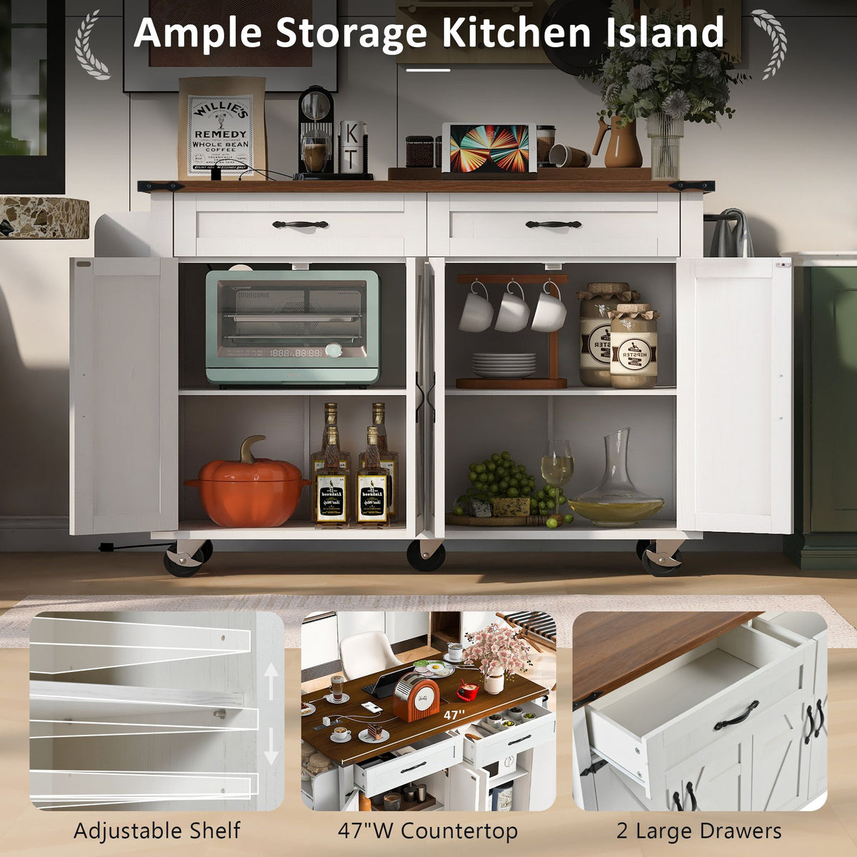 K&K 53.5''Farmhouse Kitchen Island with Power Outlet, Kitchen Storage Island with Drop Leaf, Spice Rack and Drawer