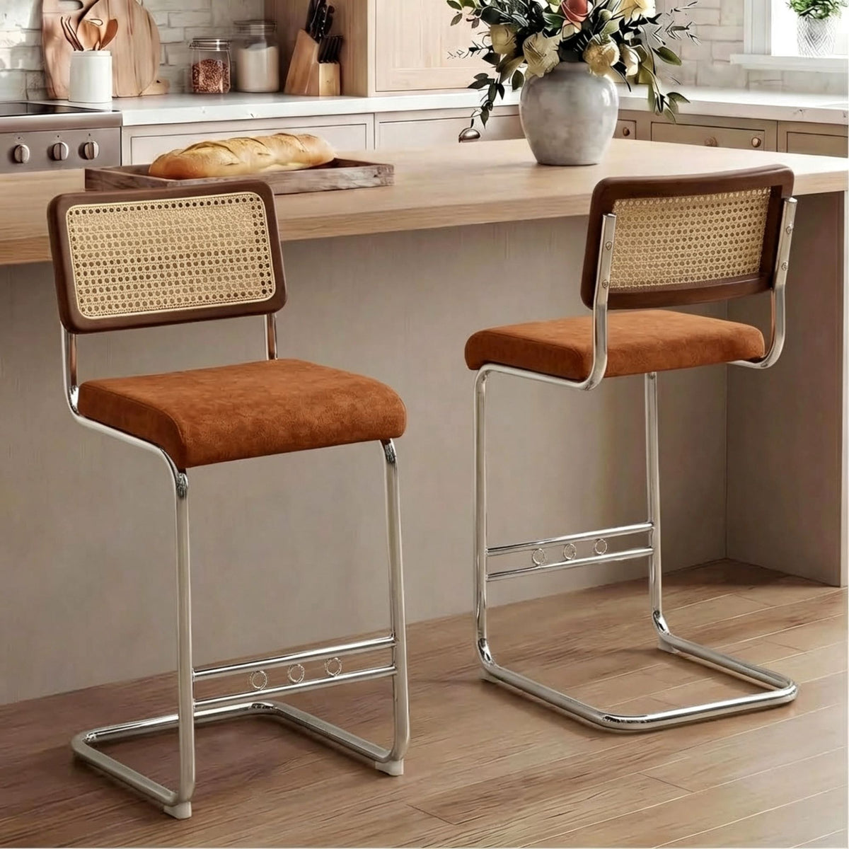 Natural Woven Bar Stool 2-Piece Set with Solid Wood Backrest 25 Inches Medieval Modern Style Counter Stool Coffee Color Velvet Kitchen Stool Chrome Metal Legs.