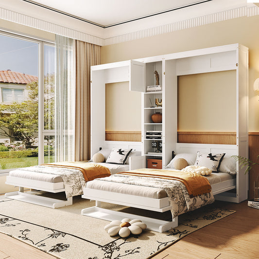 Dual Twin size Wall Murphy Beds with Cabinets and Shelves, White(OLD SKU:N820S00058K-1)