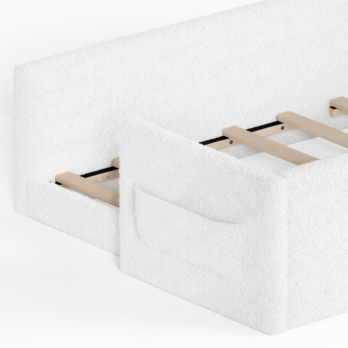 Twin Size Upholstered Floor bed, LowtoGround floor bed, Soft Padded Upholstered Kids bed, Safe Children Bed Frame with Side Storage Pocket for Kids.White