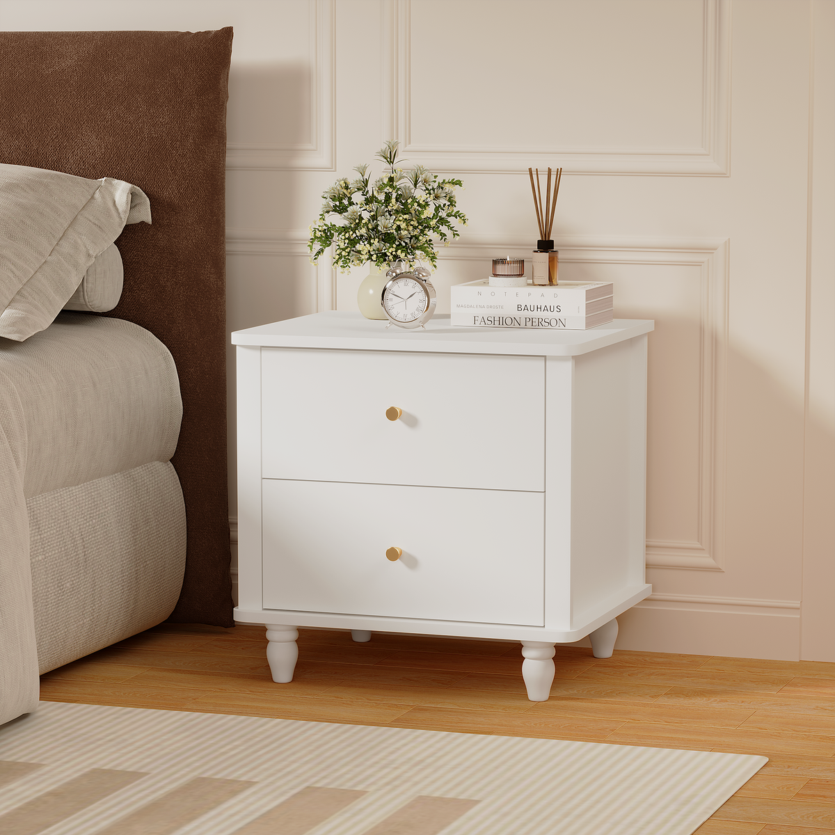 Modern 2-Drawer Nightstand, MDF Wooden Bedside Table with Round Knobs, Small Bedside Cabinet End Table for Bedroom, Living Room, Kids Room, White