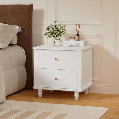 Modern 2-Drawer Nightstand, MDF Wooden Bedside Table with Round Knobs, Small Bedside Cabinet End Table for Bedroom, Living Room, Kids Room, White