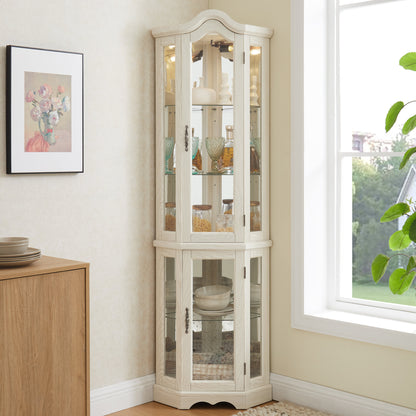 Curio Cabinet Lighted Glass Display Curio Cabinet w/Tempered Glass Doors and Shelves, Crown Corner Cabinet with Bulb, Corner Storage Decoration for Living room and Bedroom WHI