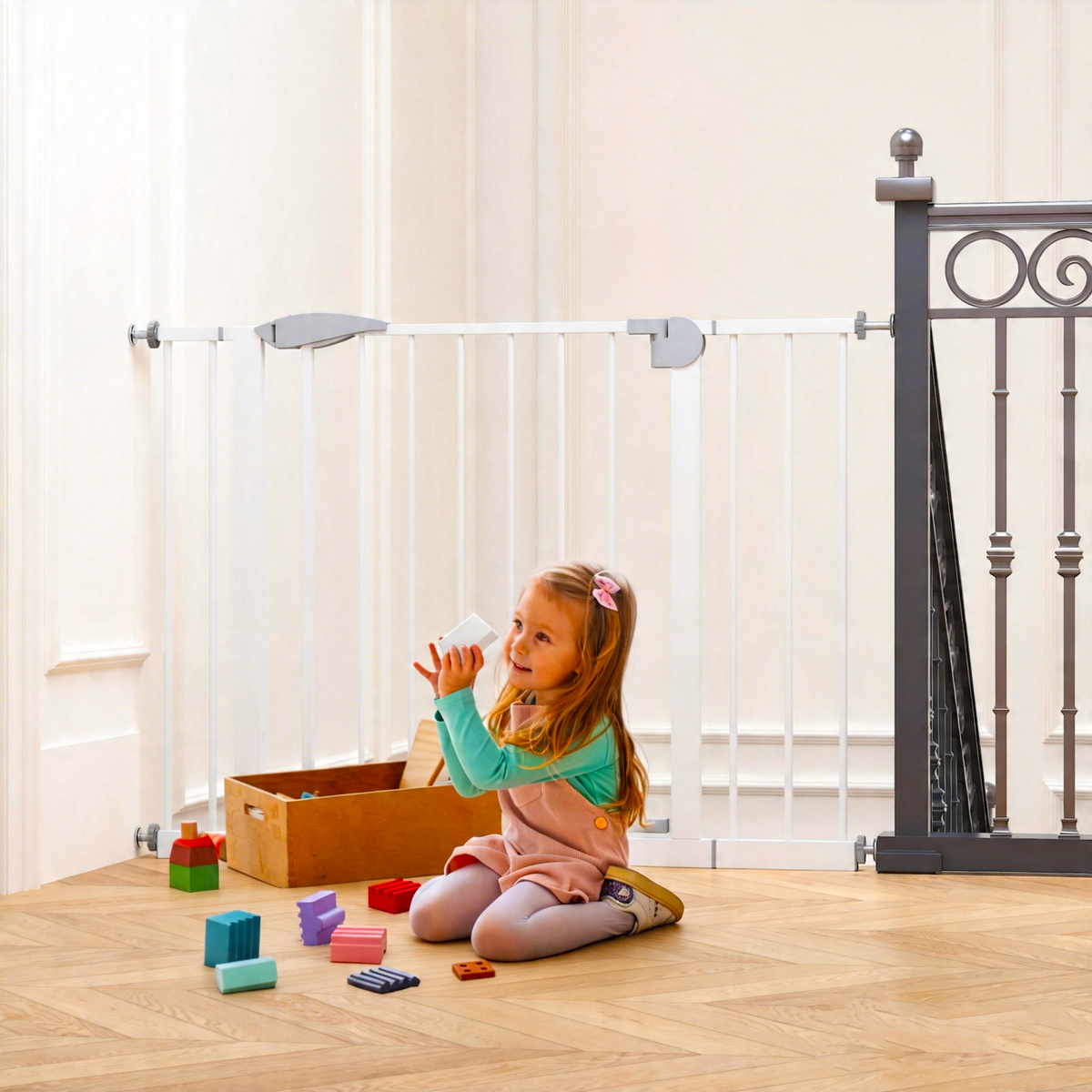 29.5-44.1" Wide Baby Gate for Stairs, Dog Gate Indoor for Doorways, No Drilling Pressure Mounted Pet Gates for Kids, Easy Walk Through Safety Gate, White
