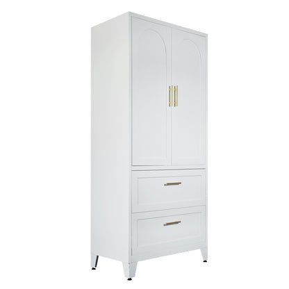 71" Tall Metal Wardrobe Cabinet with 2 Drawers and Hanging Rod, 2 Doors Wardrobe Closet with Shelf for Bedroom, Office, Laundry Room,Entryway ,Foyer,Guesthouse (White)