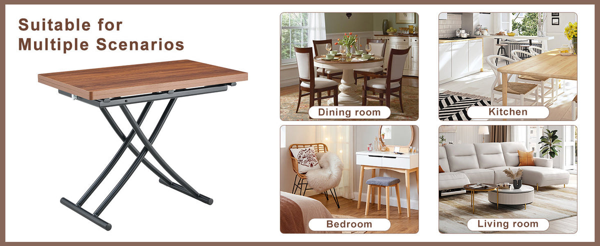 Modern minimalist multifunctional lift table with 0.8 inch thick MDF desktop and black metal legs, can be used as a dressing table, coffee table, dining table, and office table.Walnut textured desktop