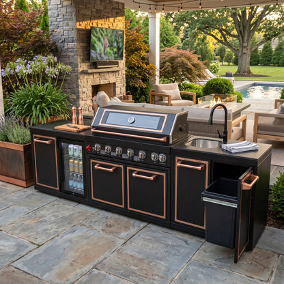 Luxury Black Titanium Outdoor Kitchen Island, 6-Burner 87,900 BTU Gas Grill with Infrared Rear Burner, 70L Refrigerator, Sink, Pull-Out Trash Bin, Rotisserie & Cover, Black/Rose Gold