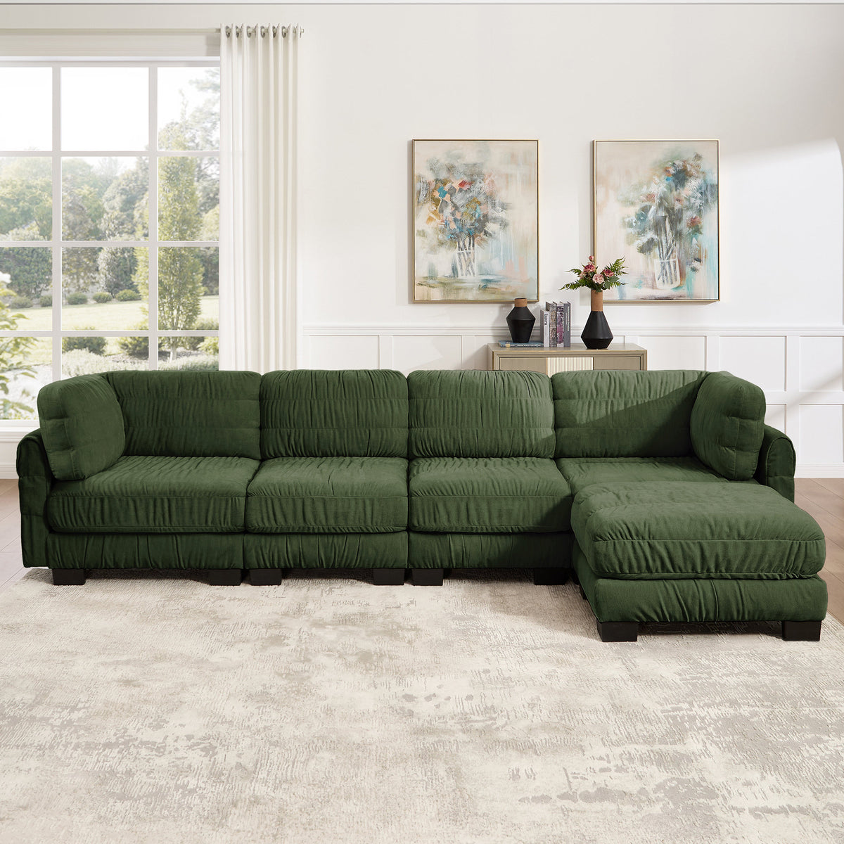 4 Seat Ruched Detailing Chenille Modular Sectional Sofa,Movable Ottoman,High-Density Foam,L Shape Thickened  Back Cushions,Easy Assembly,For Living Room,Bedroom,Green