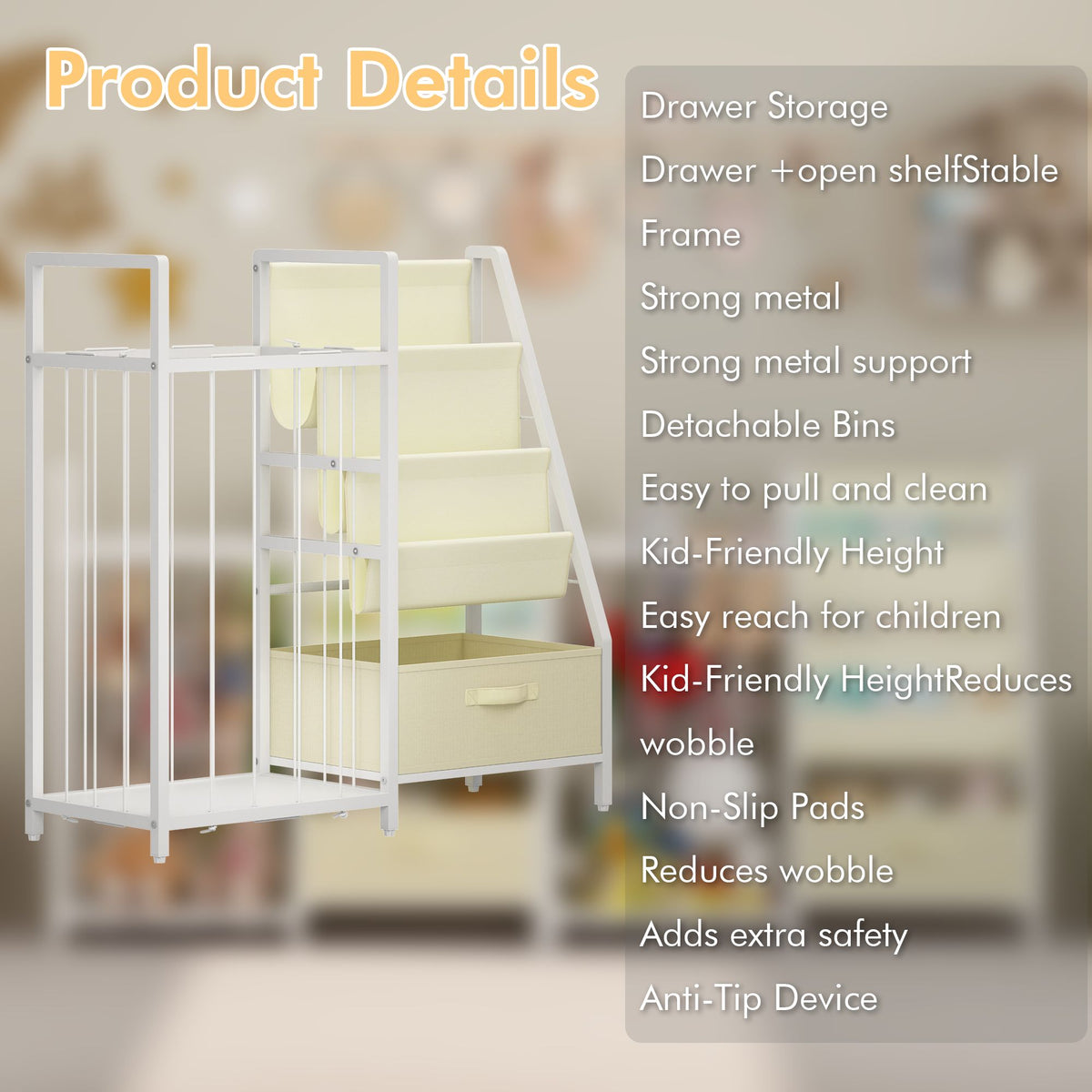 Kids Bookshelf and Toy Storage Organizer, Dual-Sided Children Bookshelf with Figure Display Storage and Book Sling Pockets, Toy Organizer for Playroom, Bedroom and Nursery