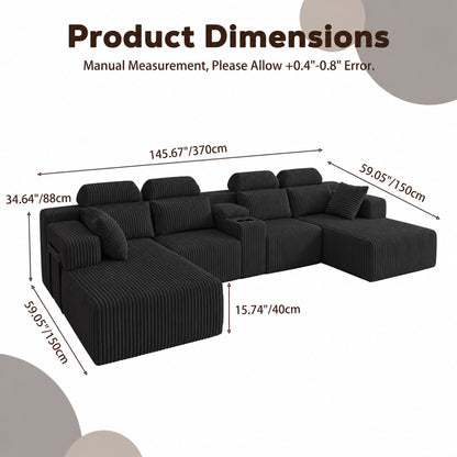 Modern Black corduroy 6-seater U-shaped sofa with lounge chair and cup holder -145.7 inch oversized modular compression sofa, suitable for home theaters, luxury living spaces, tool free assembly