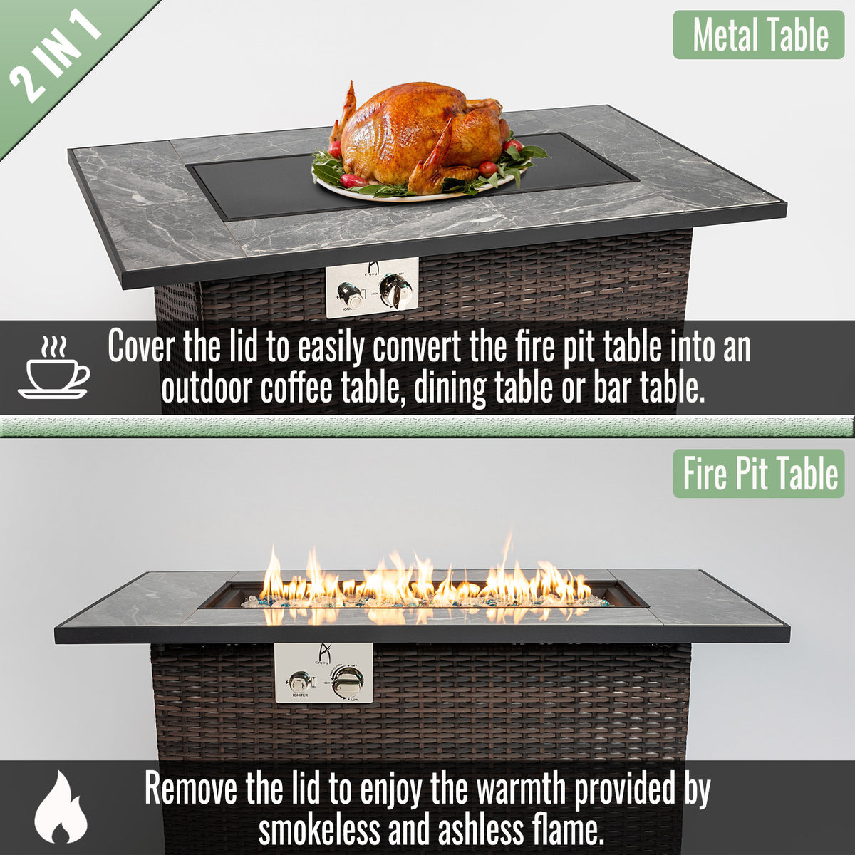 44" Propane Gas Fire Pit Table, 50000 BTU Rectangular Fire Pit