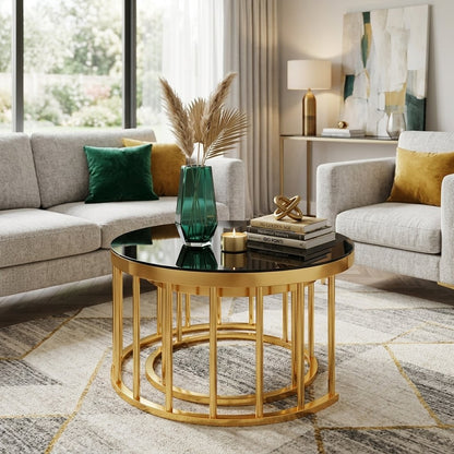 Round Nesting Coffee Table Set of 2, Modern Gold Metal Frame Circular Cocktail Table, Tempered Glass Top Accent Nesting Tables for Living Room, Apartment