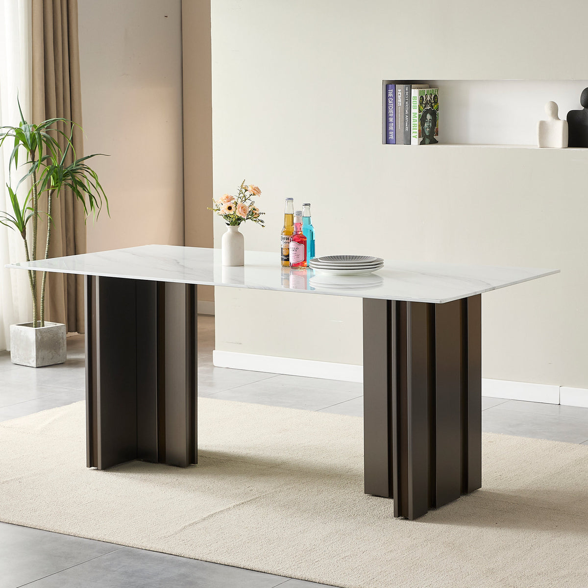 Modern Rectangular Dining Table, Tempered Glass with Marble Texture Top, Matte Gray Brushed Metal Legs, 4-6 Person Capacity, White Marble Finish, 69.30 Inch
