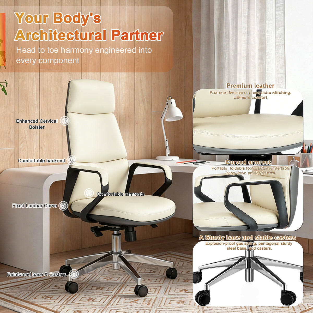 FurniBaron PU Leather High Back Office Chair with , ergonomic lumbar support 400lbs, sturdy metal base, 360° silent wheels, fit for home and office