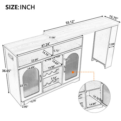 U_STYLE Sideboard with Extendable Tabletop and Wine Rack, Counter Height Bar Table with Color LED Lighting and Left-side Power Outlet, Mobile Farmhouse Wine Cabinet Cart on Wheels (Chairs Not Included