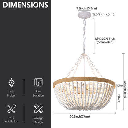 21.65" Farmhouse Chandelier, Matte White & Natural Wood Finish, 5xE26 Socket Max 60W, Bulbs Not Included