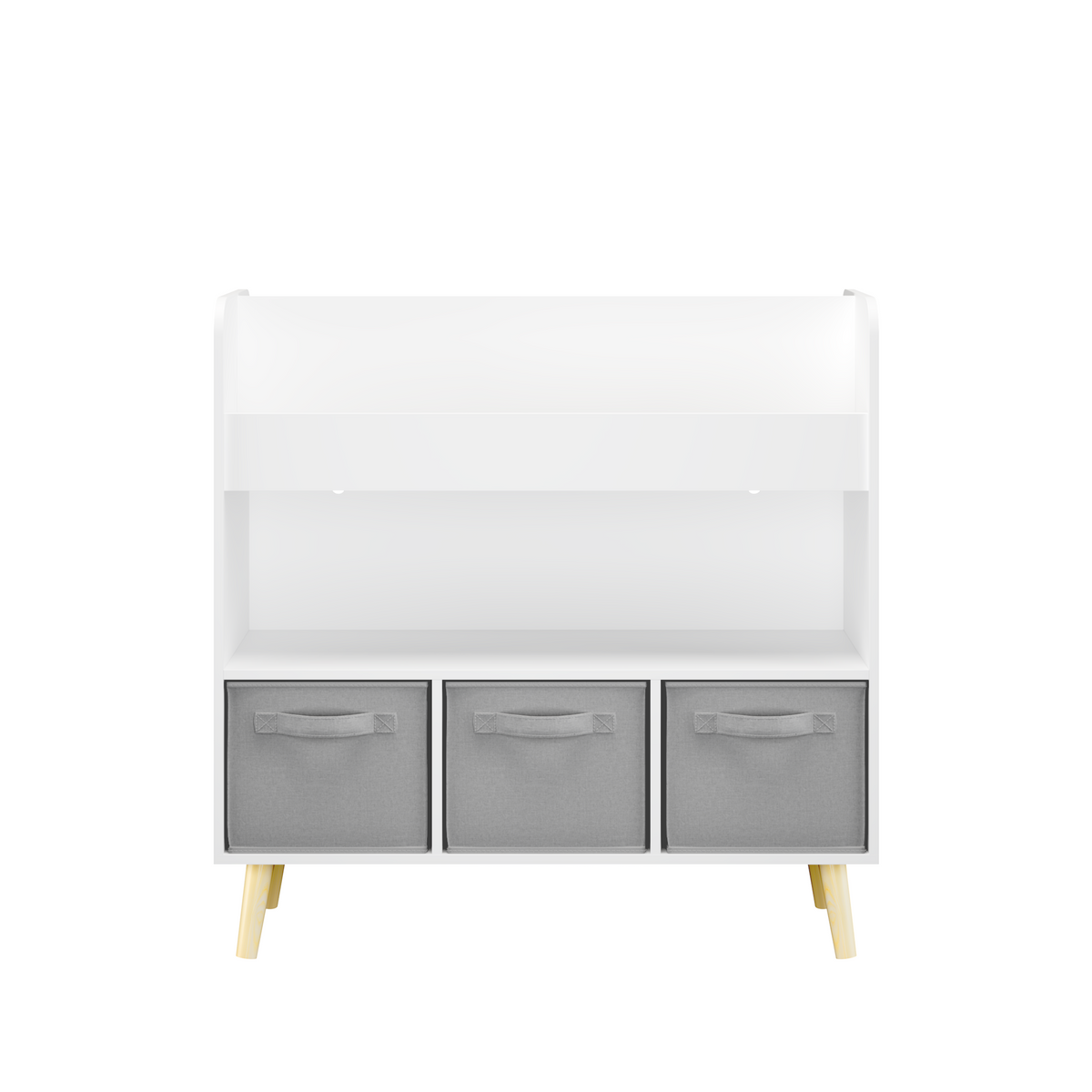 Kids Bookshelf with 3 Fabric Bins, Modern Children's Bookcase with Storage for Toys and Books, Toddler Book Organizer Shelf for Playroom, Bedroom, or Nursery, White and Gray