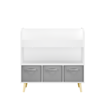 Kids Bookshelf with 3 Fabric Bins, Modern Children's Bookcase with Storage for Toys and Books, Toddler Book Organizer Shelf for Playroom, Bedroom, or Nursery, White and Gray