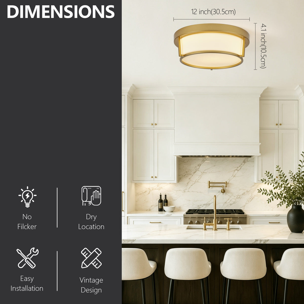 13.58" Flush Mount LED Ceiling Light, Brushed Gold Metal Frame with Glass Shade, No Remote Control