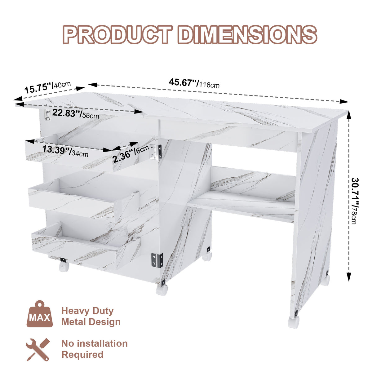 4-in-1 Folding Sewing Table with Lockable Wheels – Multi-Functional Craft Station, End Table, Computer Desk & Kitchen Storage with Shelves, White Rolling Sewing Machine Table for Apartments