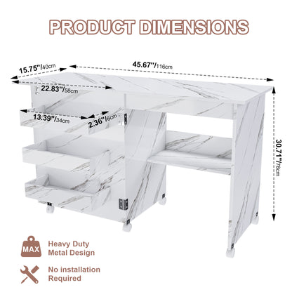 4-in-1 Folding Sewing Table with Lockable Wheels – Multi-Functional Craft Station, End Table, Computer Desk & Kitchen Storage with Shelves, White Rolling Sewing Machine Table for Apartments