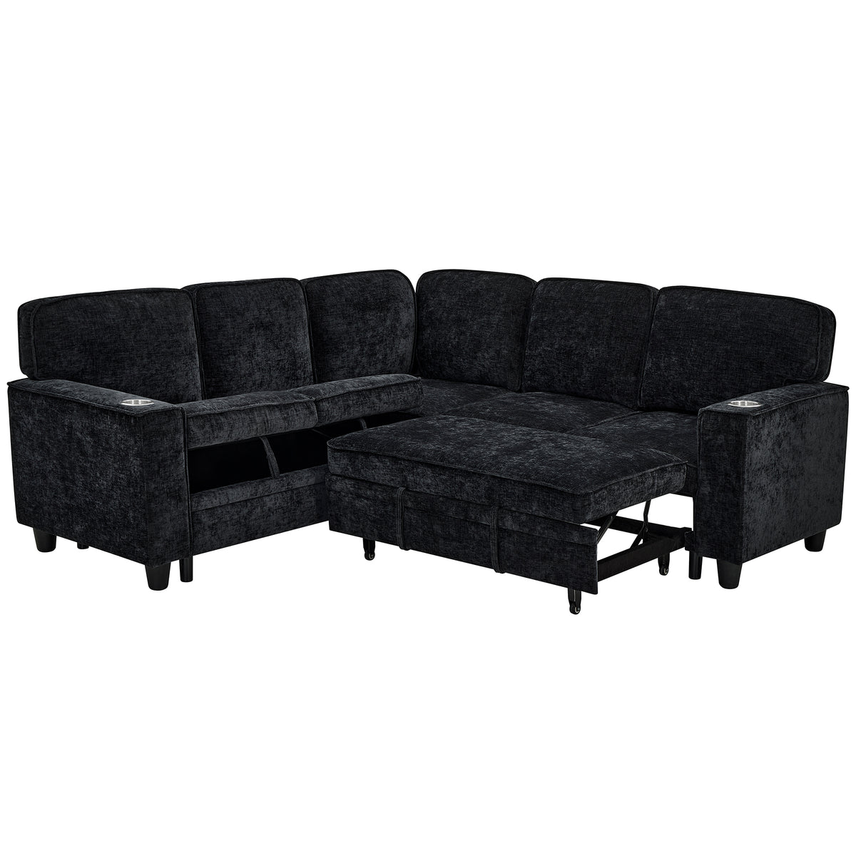 L-Shaped Sofa with Pull Out Sofa Bed, Sleeper Sofa Couch Bed with Storage Seat, 5 Seat Sectional Sofa Bed with USB, Sectional Sofa Couch
