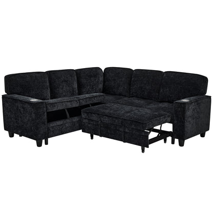 L-Shaped Sofa with Pull Out Sofa Bed, Sleeper Sofa Couch Bed with Storage Seat, 5 Seat Sectional Sofa Bed with USB, Sectional Sofa Couch
