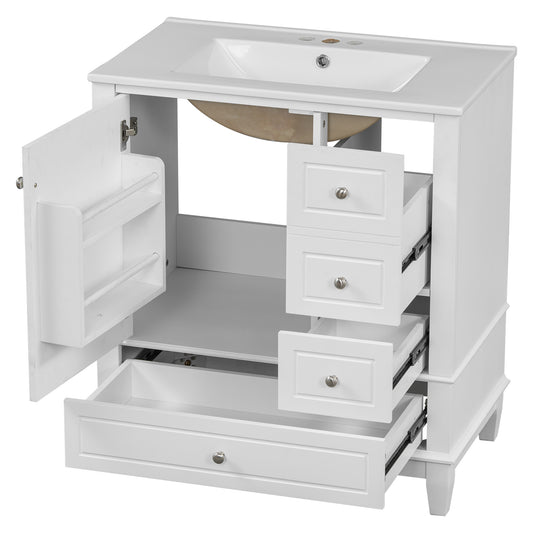30' White Bathroom Vanity with Ceramic Sink, One Door with Shelf & Three Drawers, Soft Close Mechanism, Rubber Wood & MDF Construction