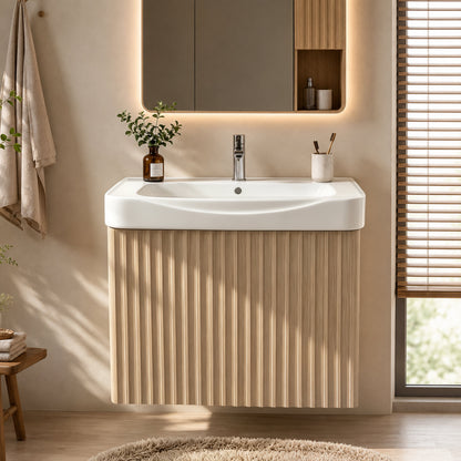 Wall Mount20' Light Oak Bathroom Vanity with Ceramic Sink with one faucet holes, Cabinet  Soft close doors  Pre-installed and completed