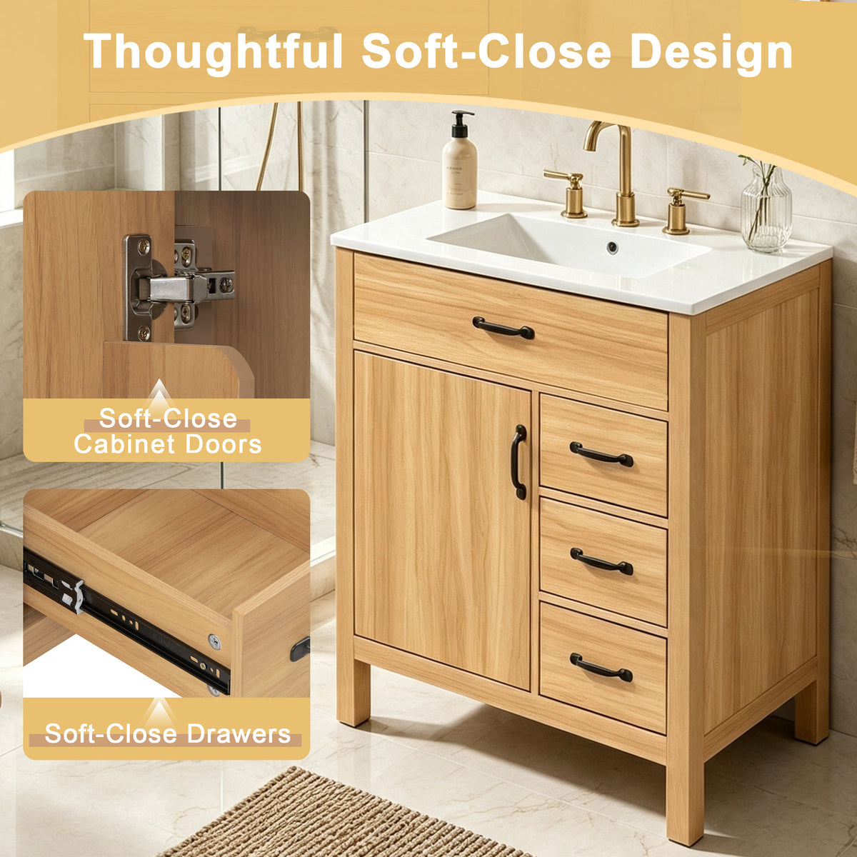 Modern 30 Inch Bathroom Vanity with Ceramic Sink, MDF Cabinet & Solid Wood Legs, Soft Close Drawers, Black Zinc Alloy Handles, Wood Finish