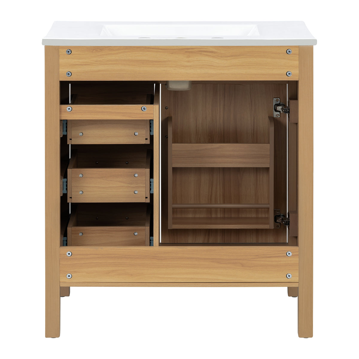 Modern 30 Inch Bathroom Vanity with Ceramic Sink, MDF Cabinet & Solid Wood Legs, Soft Close Drawers, Black Zinc Alloy Handles, Wood Finish