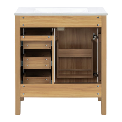 Modern 30 Inch Bathroom Vanity with Ceramic Sink, MDF Cabinet & Solid Wood Legs, Soft Close Drawers, Black Zinc Alloy Handles, Wood Finish