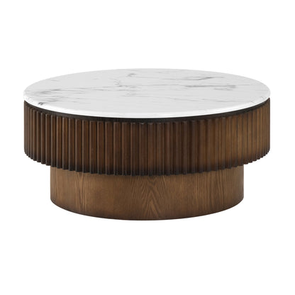 31.49'' Round Coffee Table with Storage, Modern Small Coffee Table with White Marble-Pattern Top & Solid Wood Fluted Base, Center Table for Living Room, Apartment, Office