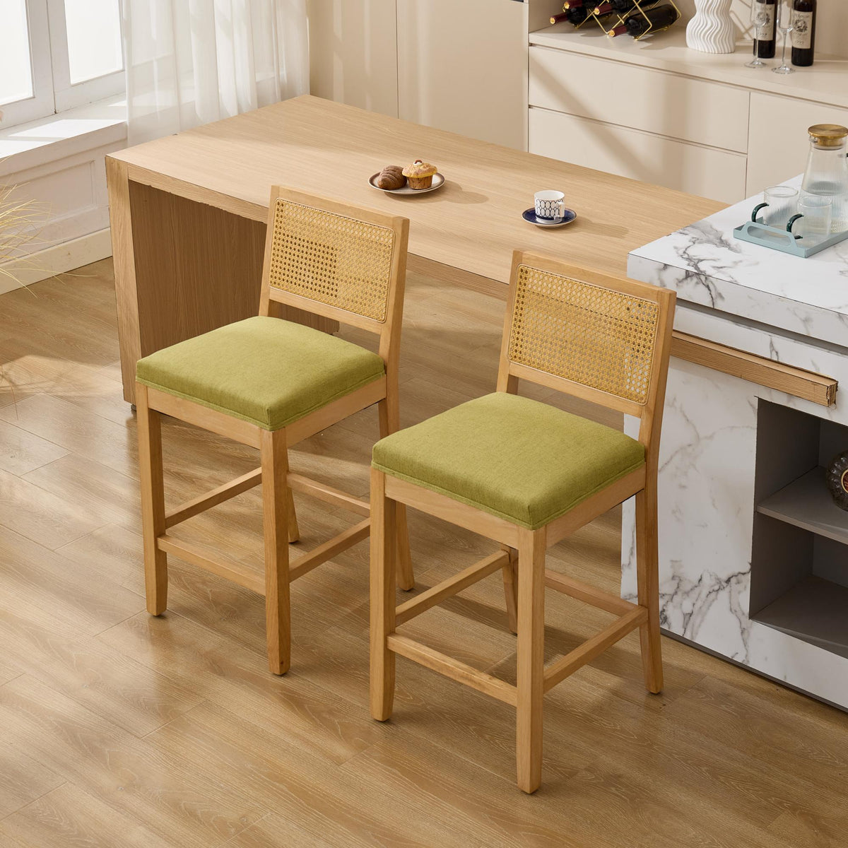 Full Solid Wood Rattan-Back Bar Stool, Matte Linen Cushion with High-Resilience Foam & S-Springs, Ideal for Rustic/Natural Style Kitchen Island, Low Bar in Dining Room & Café,Set of 2,Green,SW1872OL