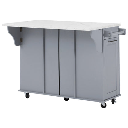 K&K 50.7" Kitchen Island with Storage Tilt Trash Can Cabinet and Pull Out Cabinet Organizer – Blue