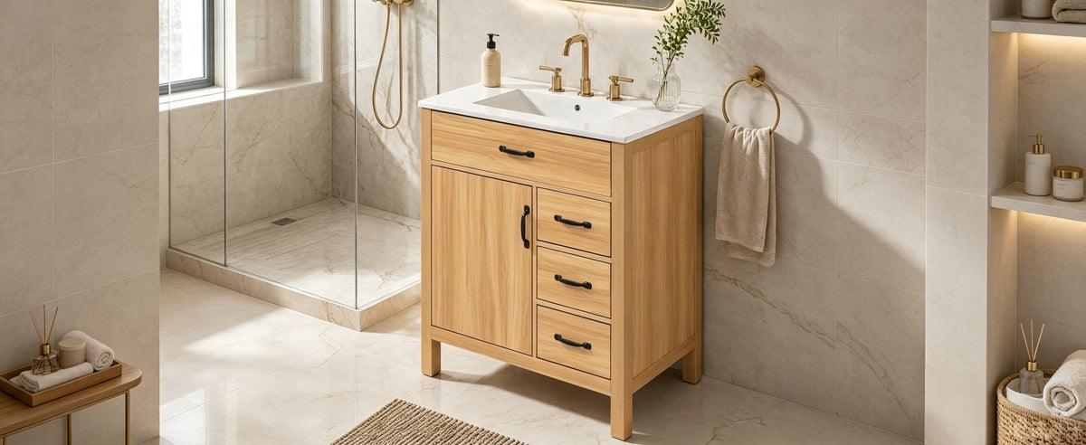 Modern 30 Inch Bathroom Vanity with Ceramic Sink, MDF Cabinet & Solid Wood Legs, Soft Close Drawers, Black Zinc Alloy Handles, Wood Finish