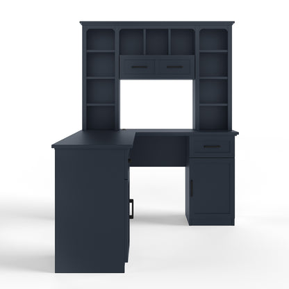 L-Shaped Computer Desk with 2 Cabinets and 2 Drawers, 11 Open Shelves and 1 Right Flip Shelf with Storage, with Power Outlet, Antique Blue