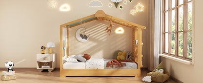 Twin Size House Bed with Twin Size Trundle and Side Shelves, Natural