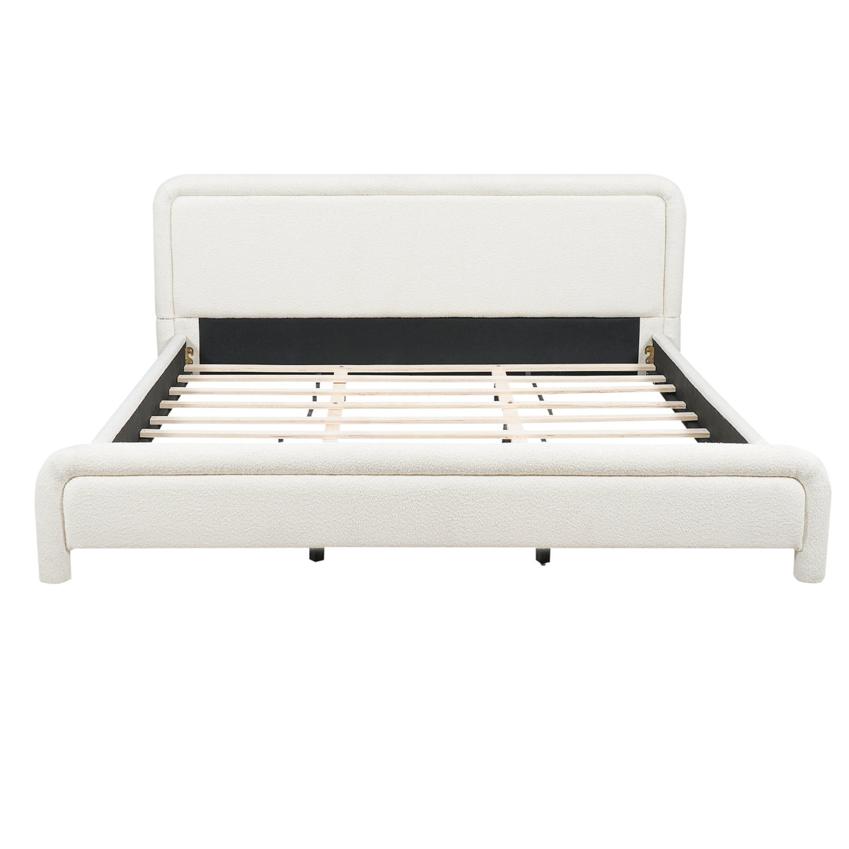 Modern White Boucle Upholstered King Size Platform Bed Frame with Curved Headboard, Wood Slats Support, No Box Spring Needed, Easy Assembly