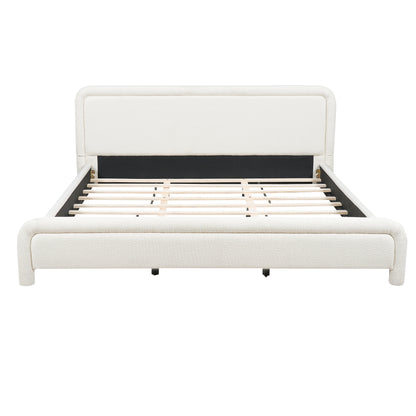 Modern White Boucle Upholstered King Size Platform Bed Frame with Curved Headboard, Wood Slats Support, No Box Spring Needed, Easy Assembly