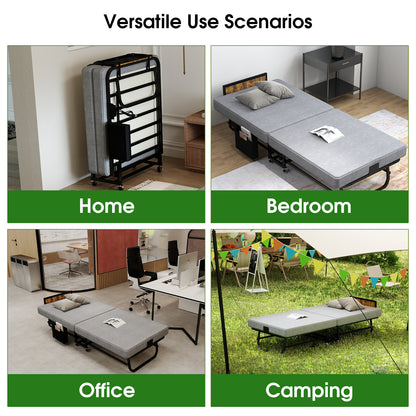 78"×31" Folding Bed with Headboard & USB Charging Station, 3" Memory Foam Rollaway Bed with Storage Pocket, Heavy-Duty Portable Guest Bed on Wheels, Ideal for Guests, Office Naps & Camping