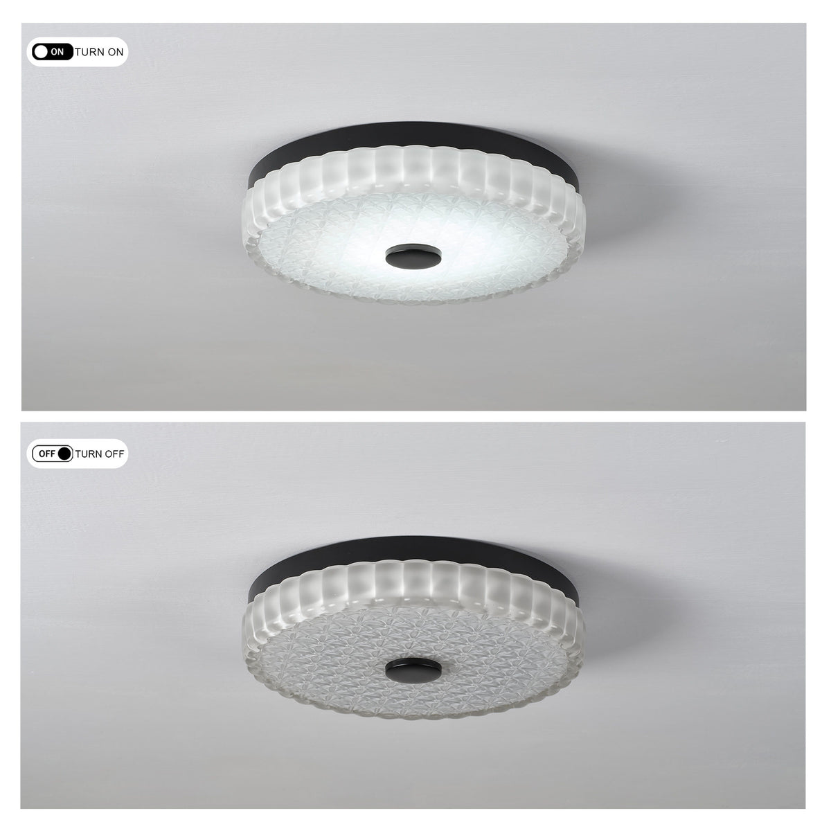11.81" Flush Mount LED Ceiling Light, Black, 25W Dimmable with Remote Control, Metal Base & Glass Shade, CRI>90