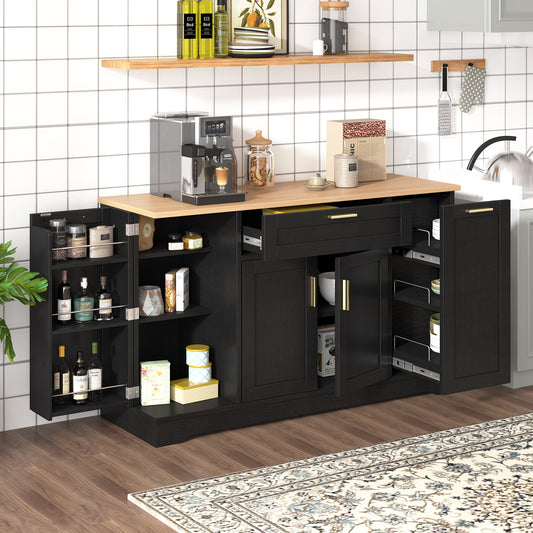 TREXM Multi-Functional Storage Sideboard, Extendable Dining Table, Adjustable Shelves, 3-Tier Pull-Out Rack, Kitchen Island Storage - Black
