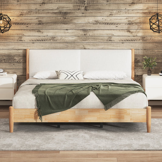 King Natural wood  Bed Frame with White Cozy Upholstered Headboard
