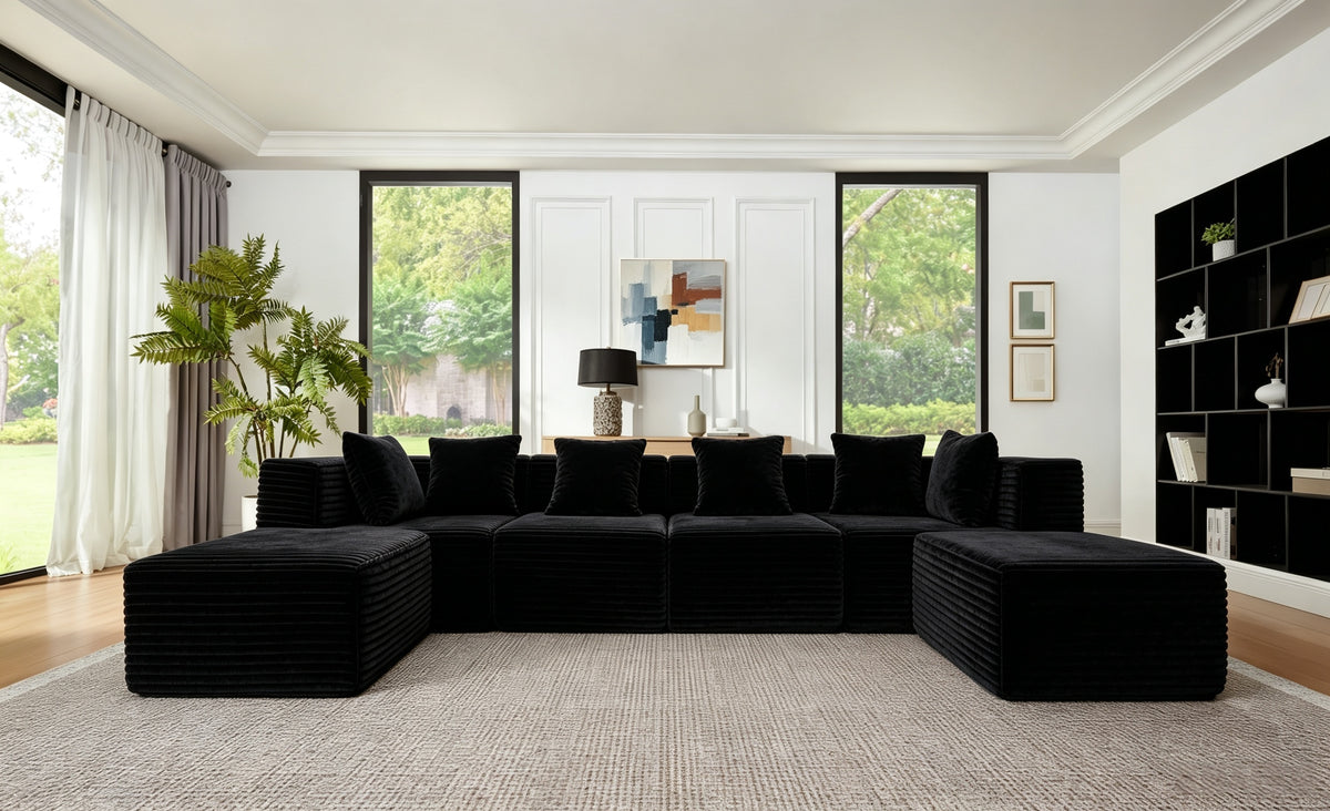 130' Comfy U-Shaped Sectional Modern Boneless Corduroy Couch with Chaise ‌and Ottoman‌ - No Assembly Required! Deep-Seat, Upholstered Modular Cloud Sofa for Living Room, Plush Corduroy Fabric(Black)