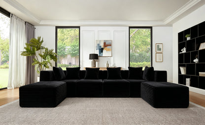 130' Comfy U-Shaped Sectional Modern Boneless Corduroy Couch with Chaise ‌and Ottoman‌ - No Assembly Required! Deep-Seat, Upholstered Modular Cloud Sofa for Living Room, Plush Corduroy Fabric(Black)